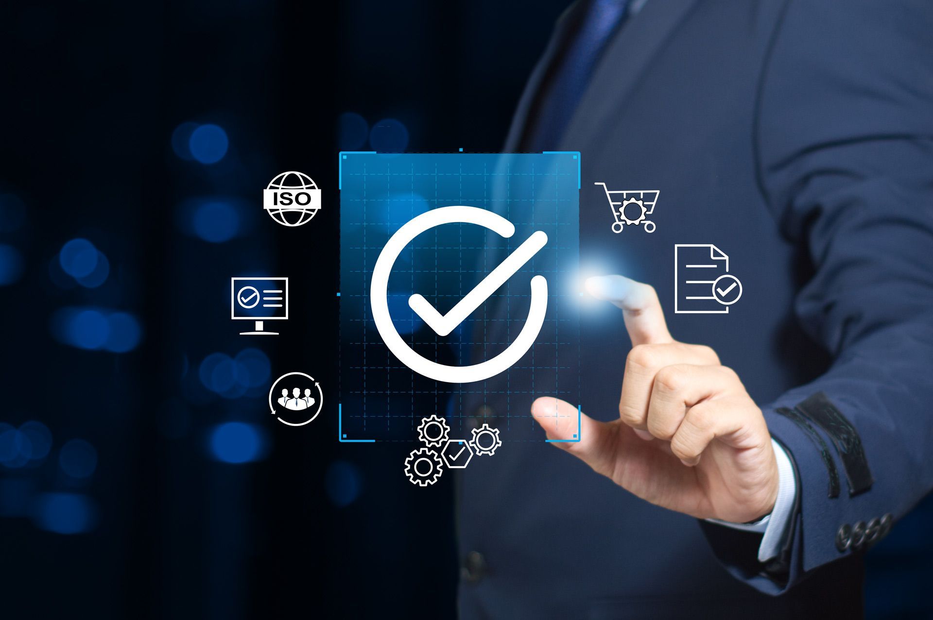Businessman touches digital checkmark icon symbolizing compliance and quality assurance.
