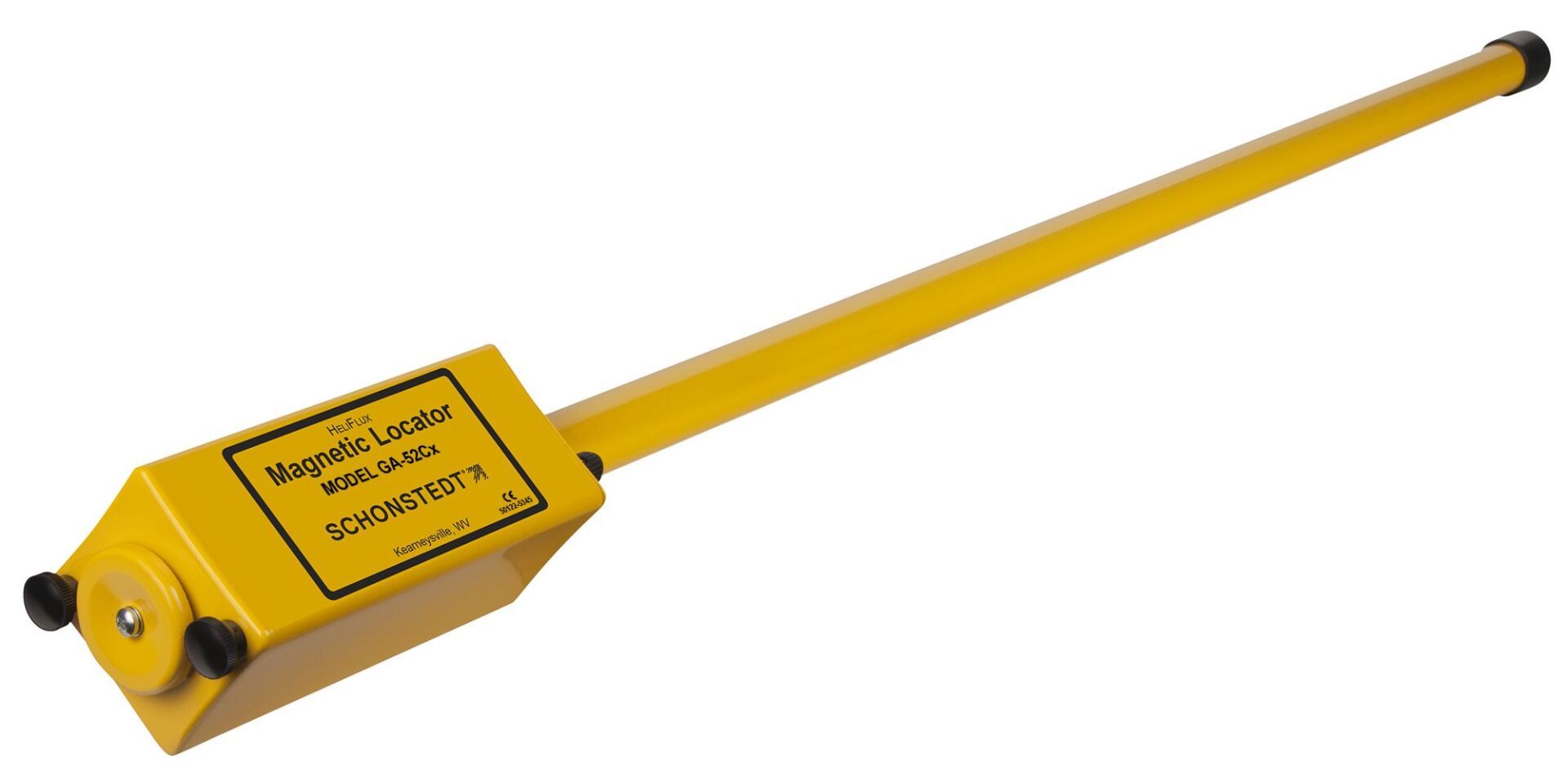 Yellow handheld metal detector wand with a long handle and black end caps