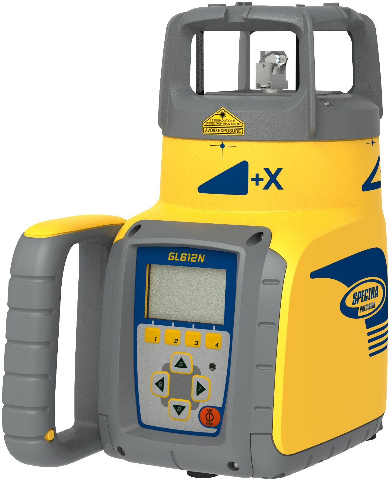 Yellow and gray laser level tool with handle, digital display, and control buttons
