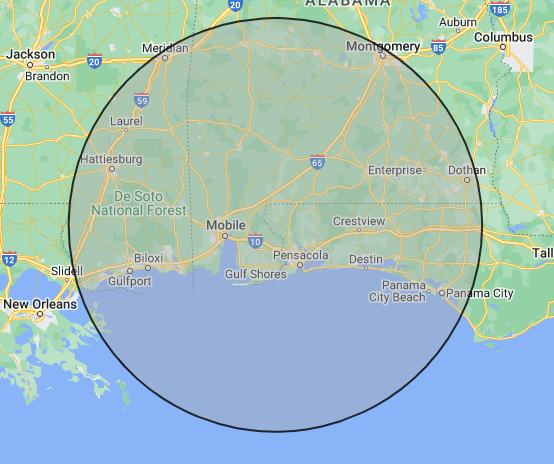Map of the Gulf Coast with a large circular coverage area centered near Mobile, Alabama.