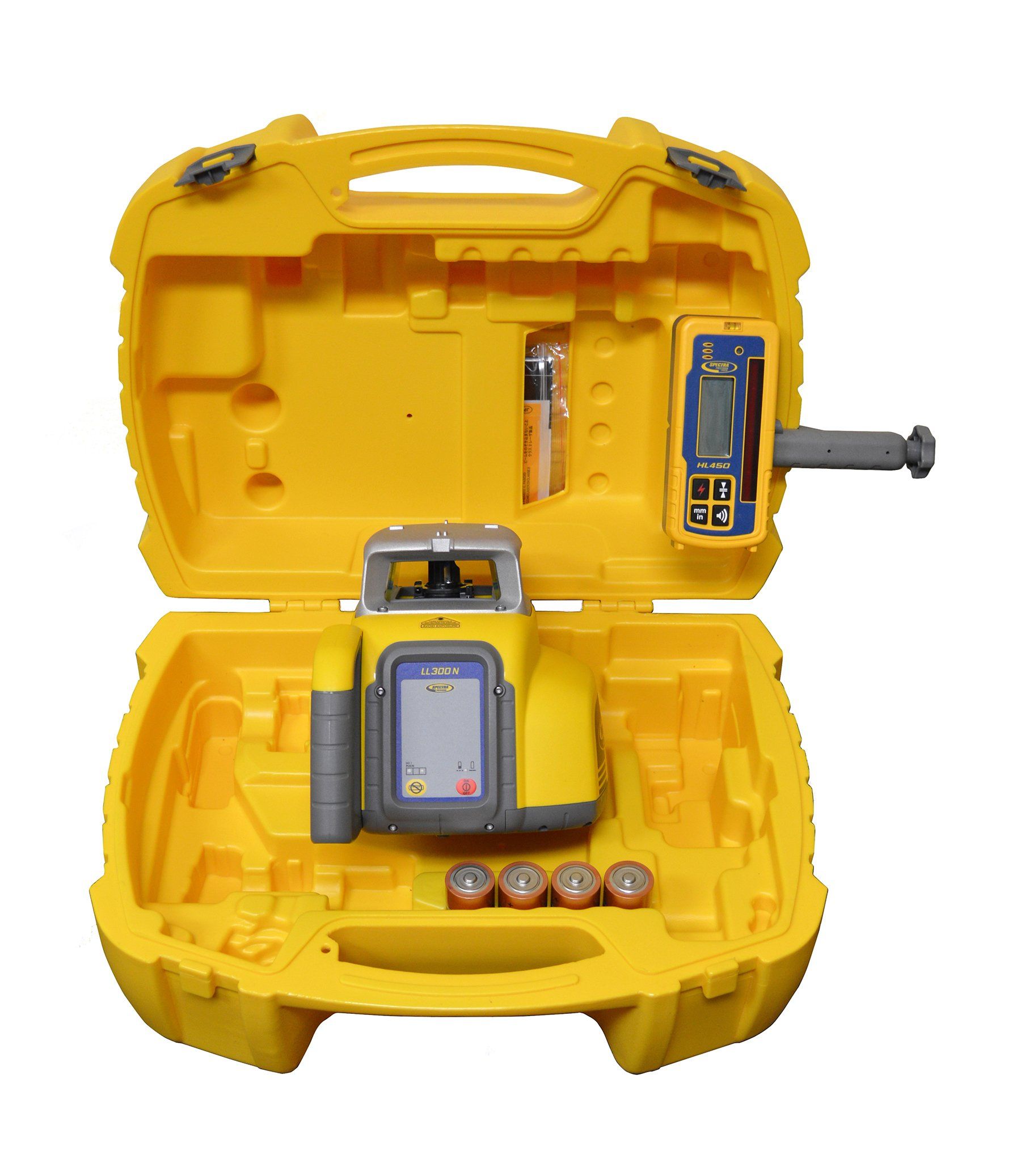 Yellow hard case holding surveying equipment with a blue device, rod, and accessories inside.