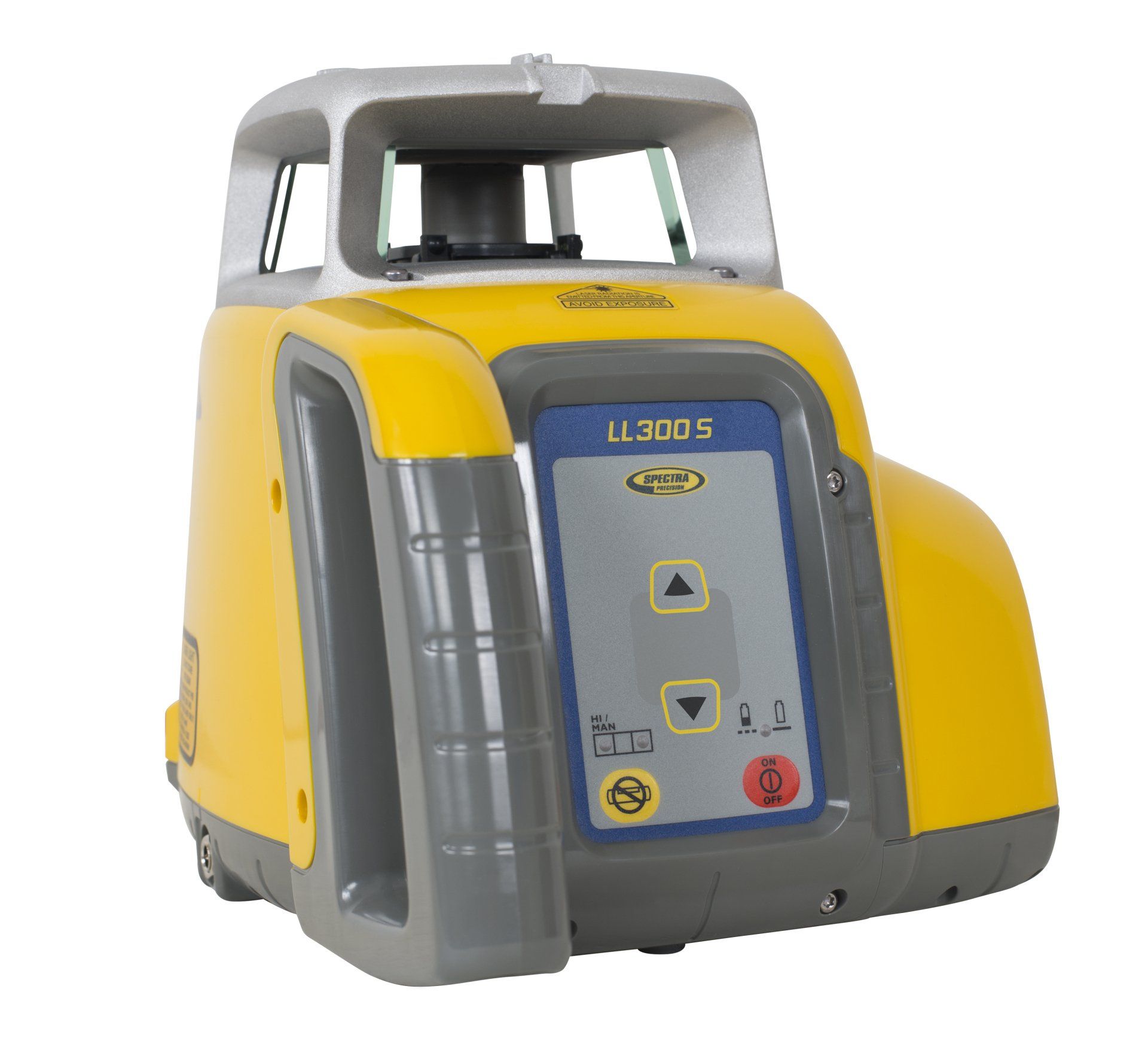 Yellow and gray industrial robot with control panel, isolated on white background