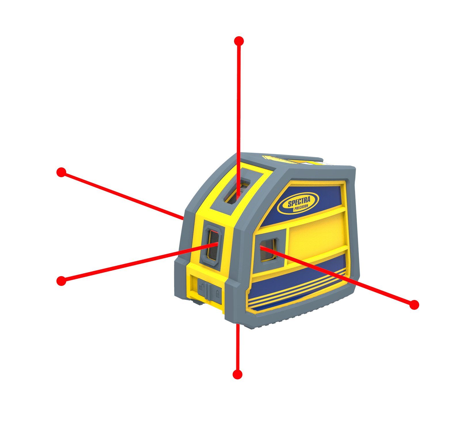 Yellow and gray laser level tool with red directional beams