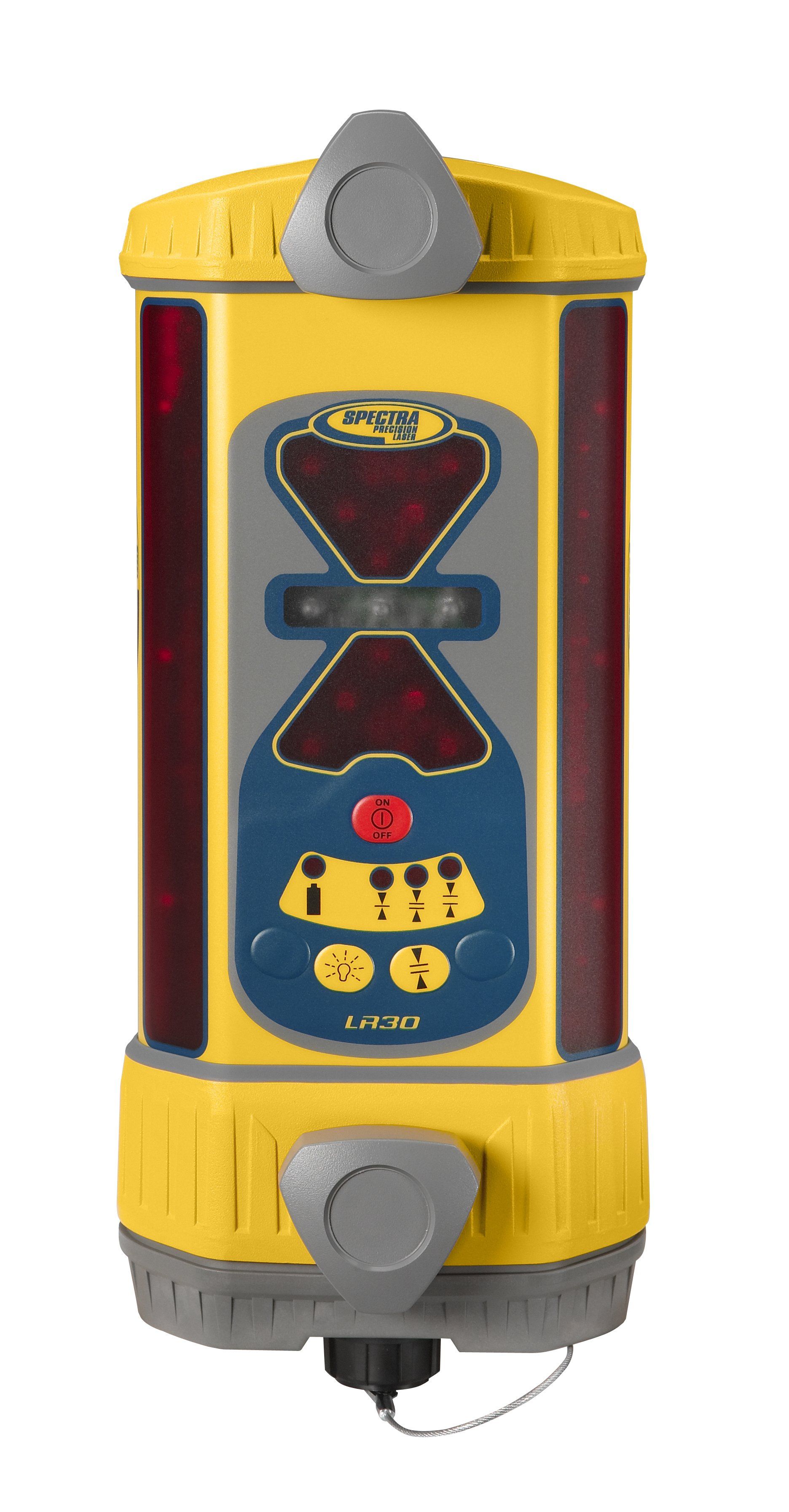 Yellow and blue toy-like device with a central red hourglass icon and gray knobs on top and bottom