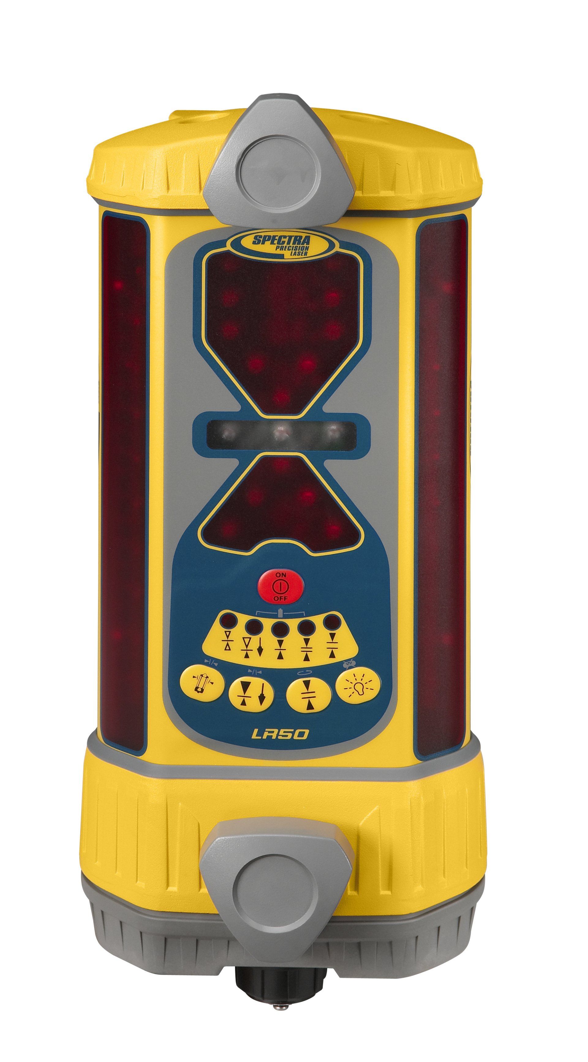 Yellow and gray toy device with a dark blue front, red display, and buttons at the bottom