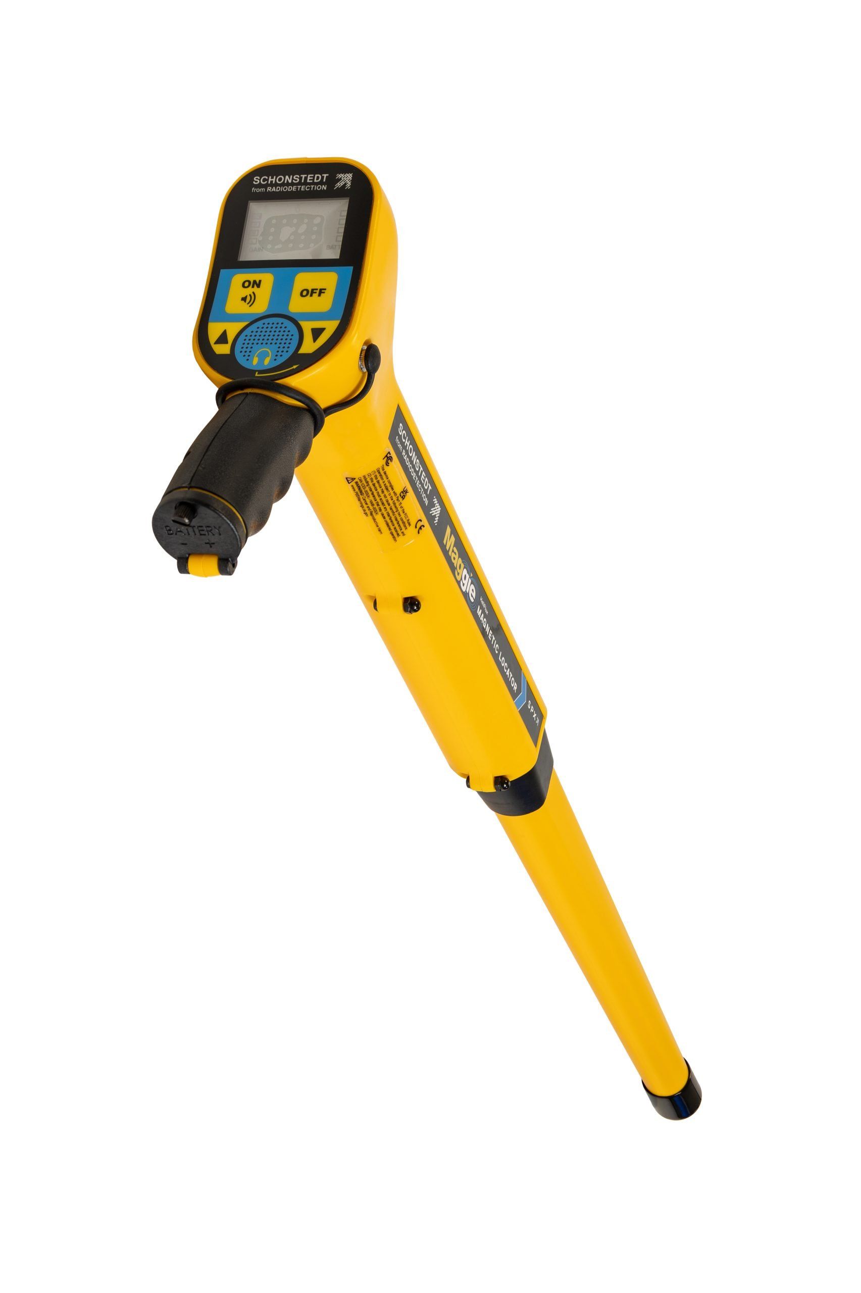 Yellow handheld inspection camera with display and black probe on a white background