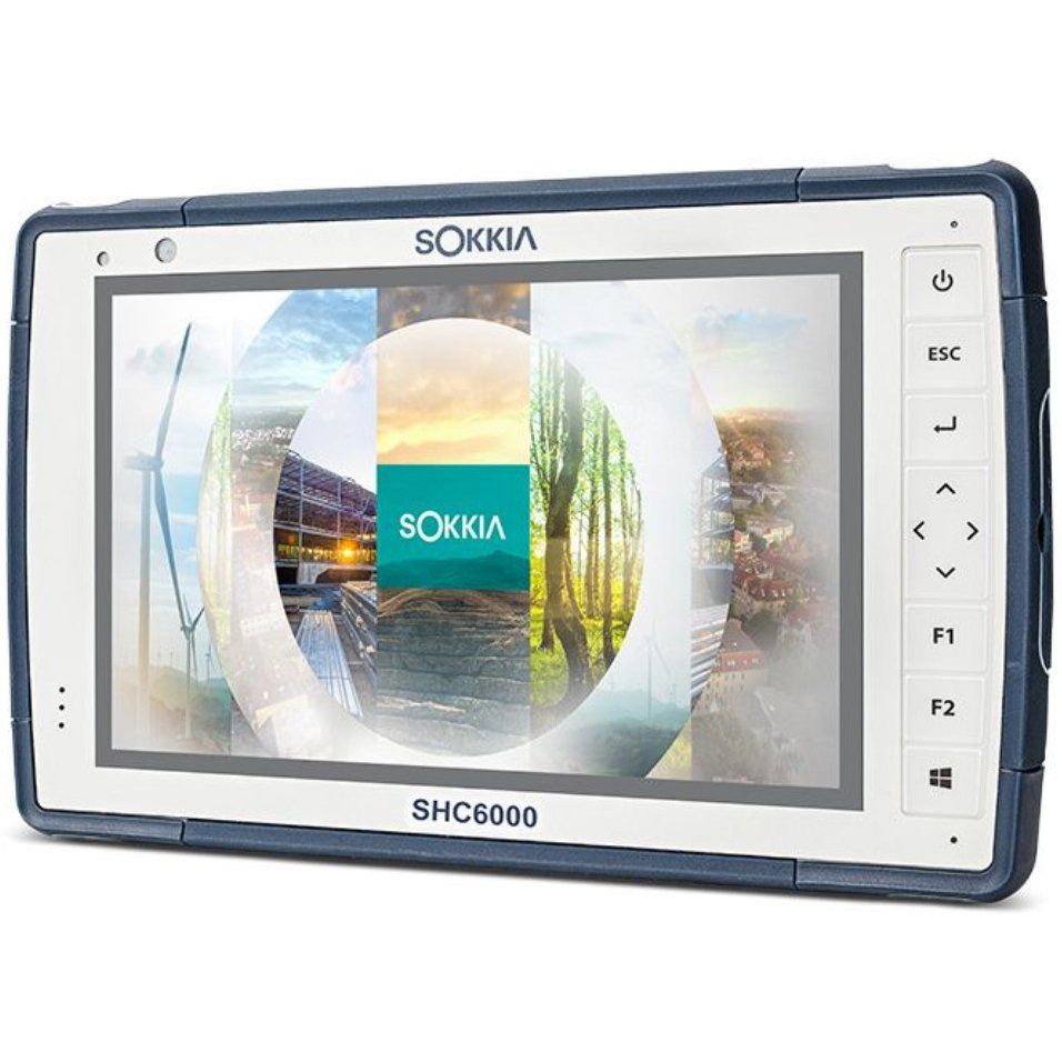 SOKKIA SHC6000 rugged touchscreen device with side buttons and a displayed logo on screen