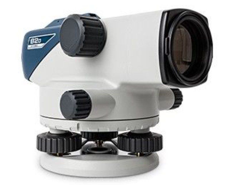 White and blue optical leveling instrument with adjustment knobs on a base