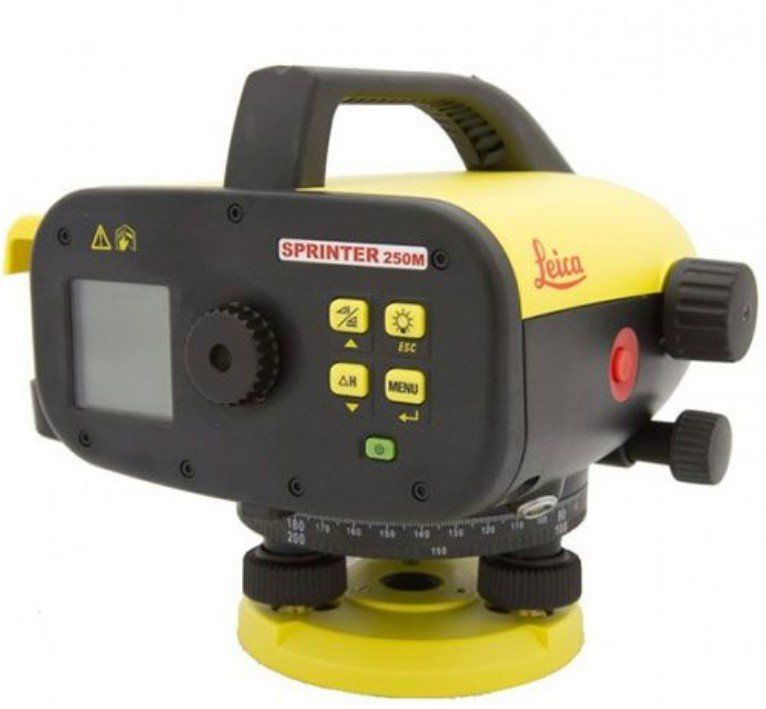 Yellow and black Leica Sprinter 250M digital level instrument on a yellow base