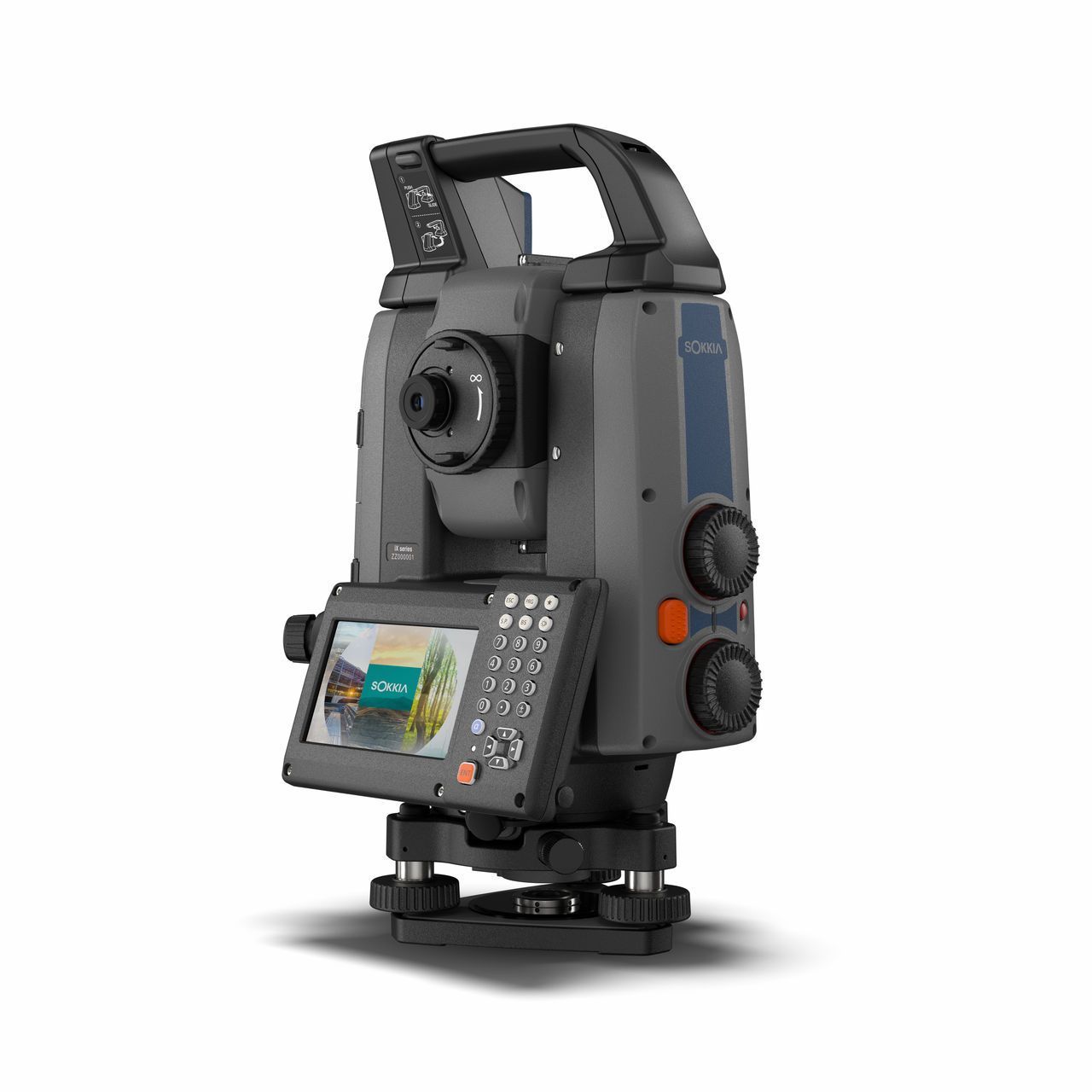 Gray total station surveying instrument with digital display and handle on a white background