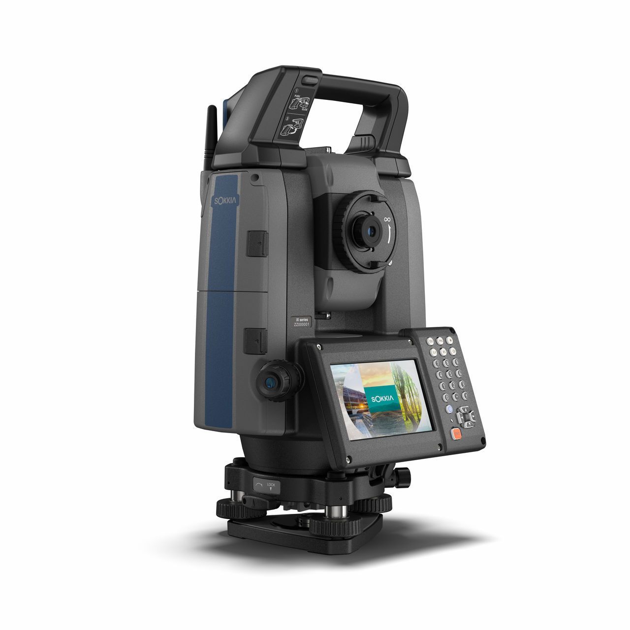 Surveying total station with display screen and keypad on a tripod, black and blue