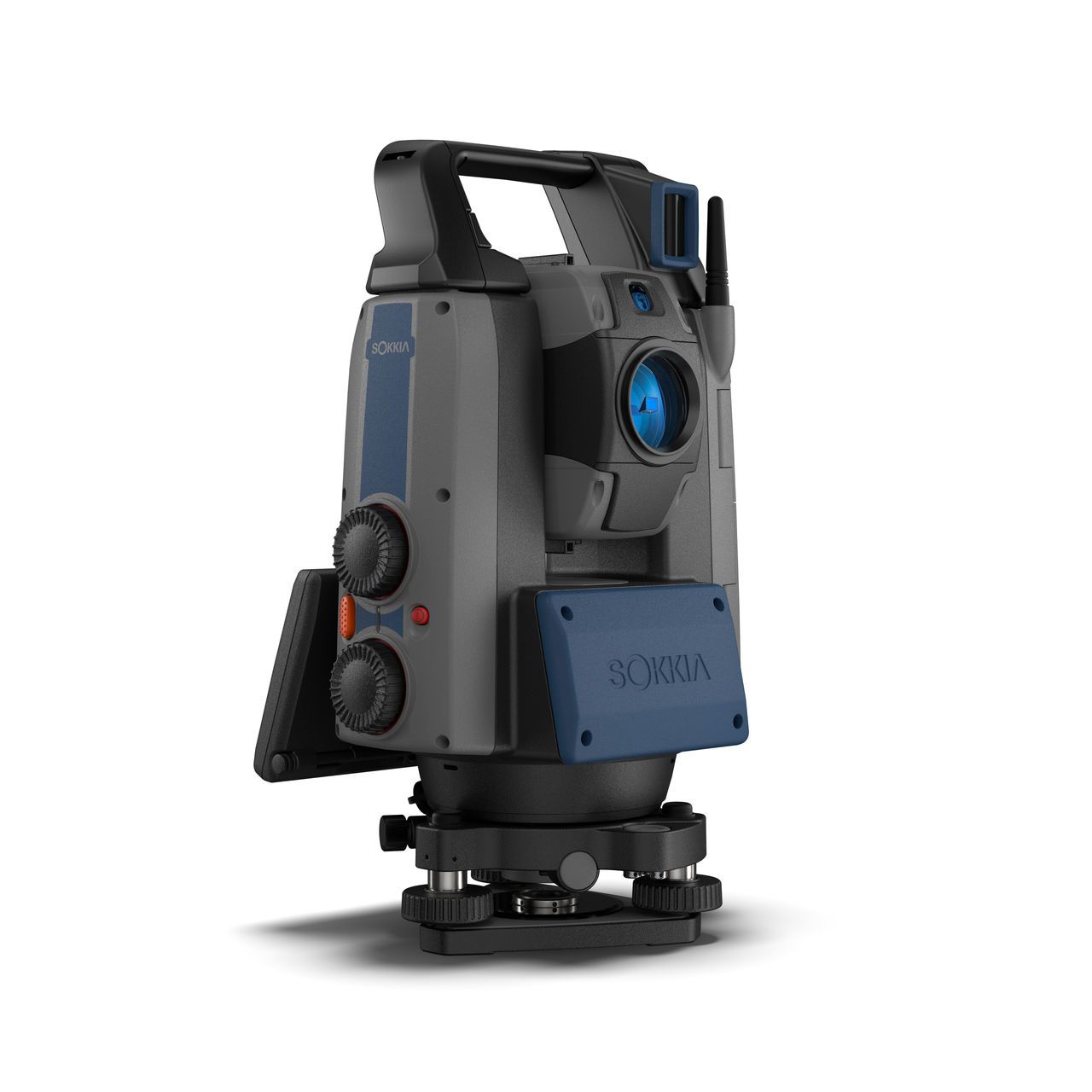 Gray robotic surveying instrument with blue accents on a white background