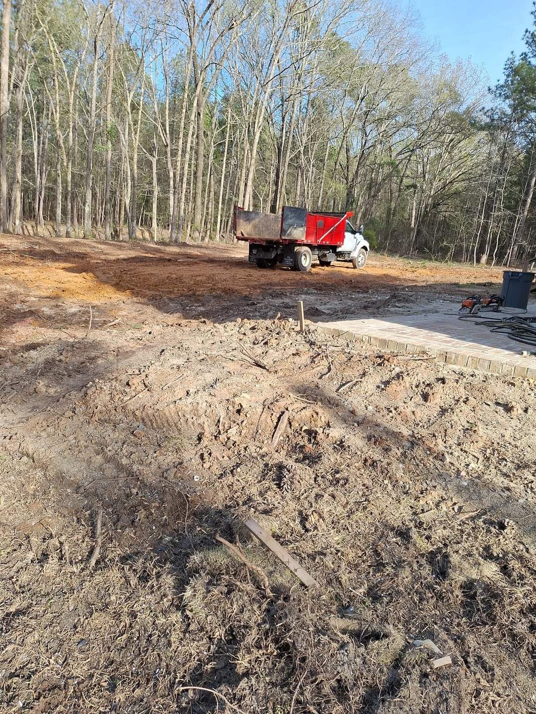 Red dump truck at a muddy construction site beside leafless trees under a clear sky Red dump truck at a muddy construction site beside leafless trees under a clear sky