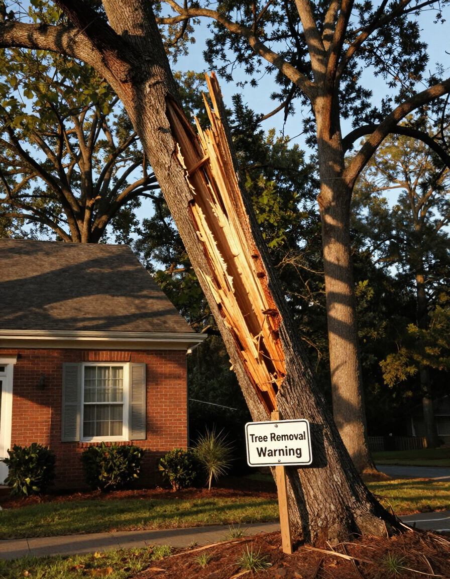 Damaged tree split beside a brick house, with a sign reading “You think wind?”