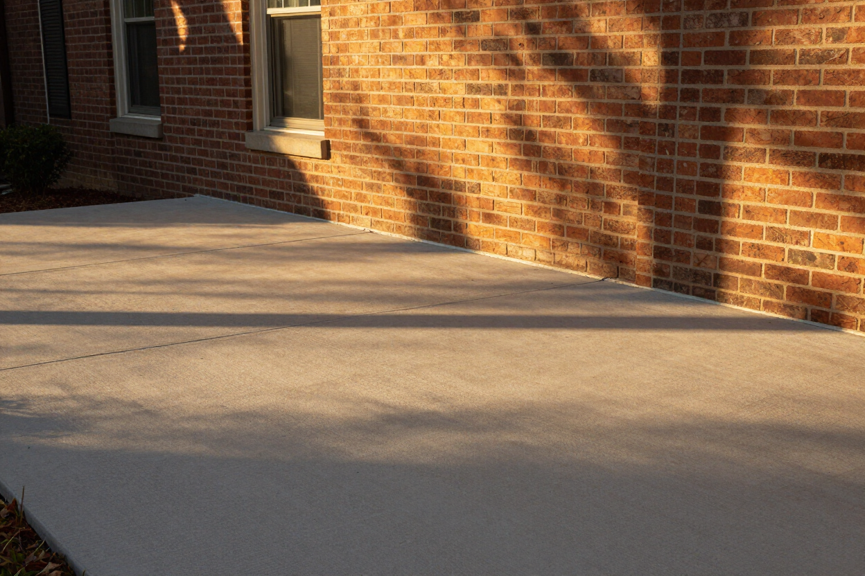 Brick building wall and concrete sidewalk in warm sunlight with long shadows Brick building wall and concrete sidewalk in warm sunlight with long shadows