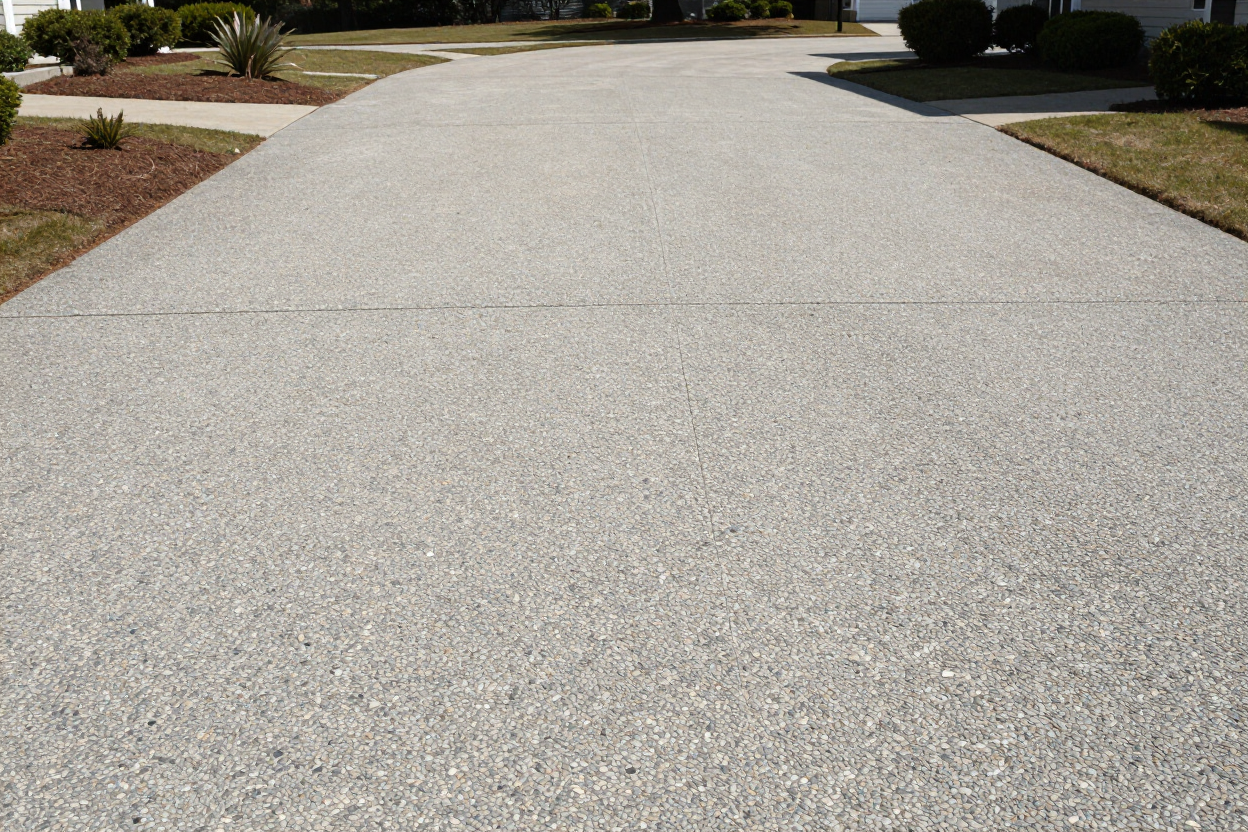 Light gray gravel driveway curving through a landscaped suburban yard Light gray gravel driveway curving through a landscaped suburban yard