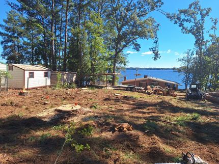 Cleared lakeside lot with small shed, tall trees, and a view of water under a blue sky Cleared lakeside lot with small shed, tall trees, and a view of water under a blue sky