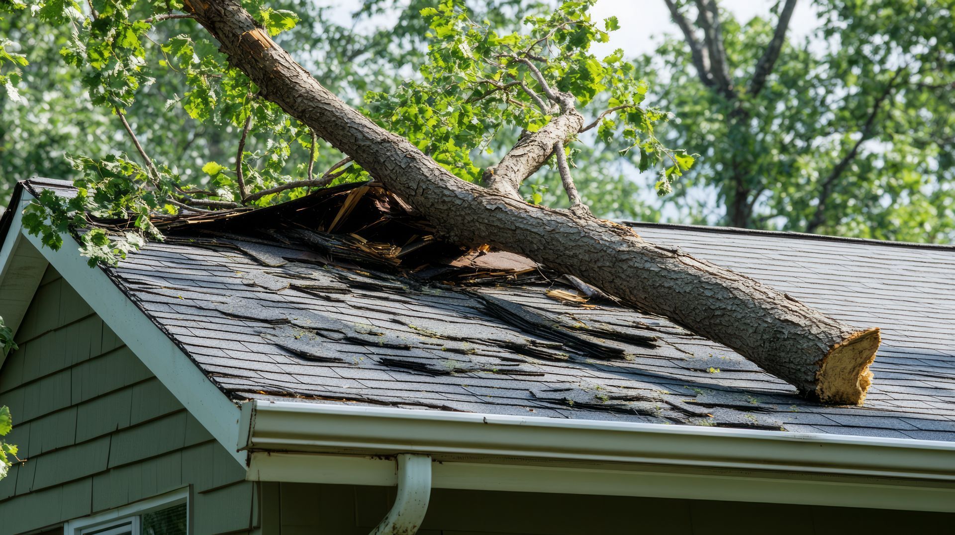Damaged roof with a large fallen tree on a suburban house under dark storm clouds