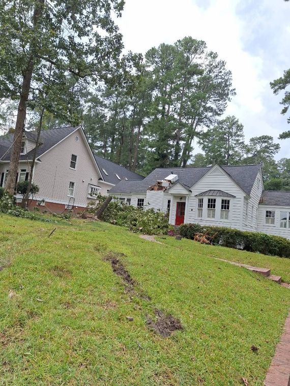 Single-story suburban houses behind a green lawn and tall trees on an overcast day Single-story suburban houses behind a green lawn and tall trees on an overcast day