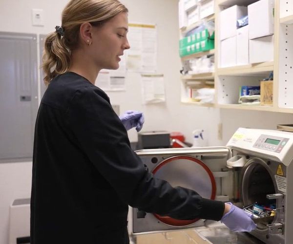 Person in purple gloves operating a sterilizer in a lab or medical supply room.
