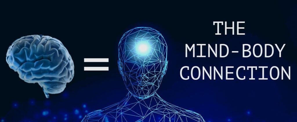 Brain and glowing human head graphic with text “The Mind-Body Connection”