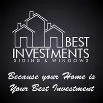 White logo for Best Investments siding & windows with house outline and slogan “Because your Home is Your Best Investment”
