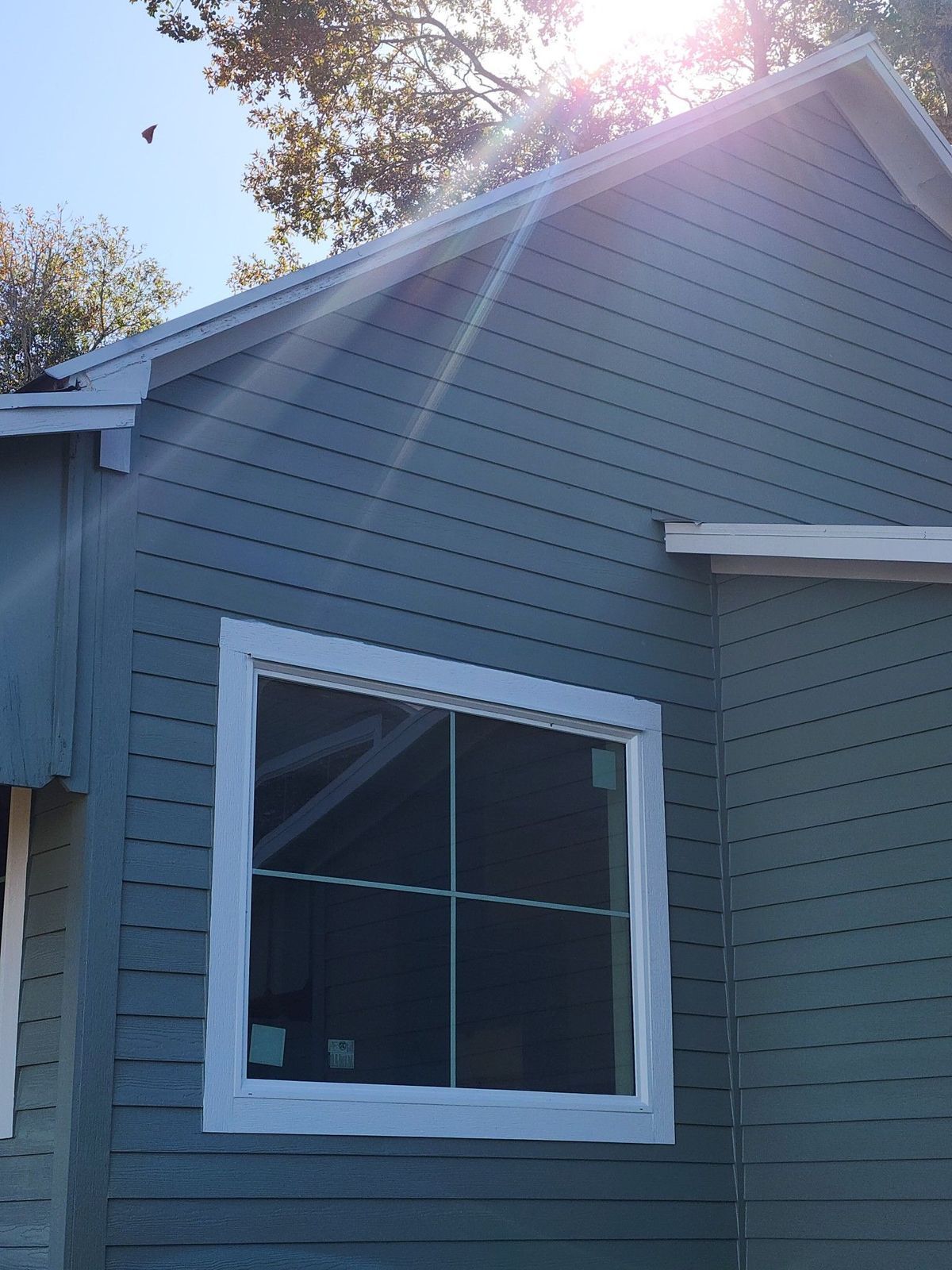 Blue-gray house exterior with a white-trimmed window in bright sunlight