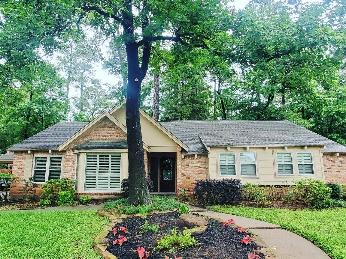 Single-story brick house with tan siding, large trees, and a curved garden path in front