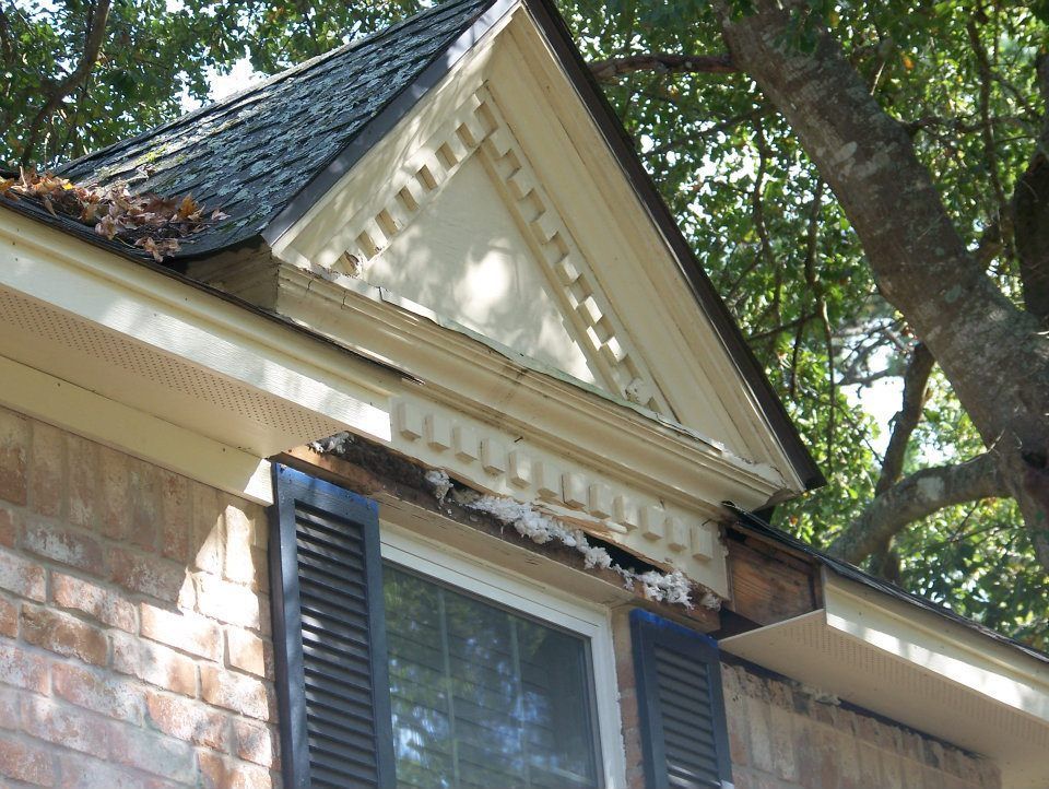 House roof with beige siding, black shutters, and a gabled dormer under leafy trees