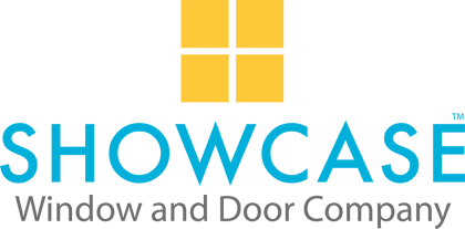 Showcase Window and Door Company logo with blue text and yellow window icon