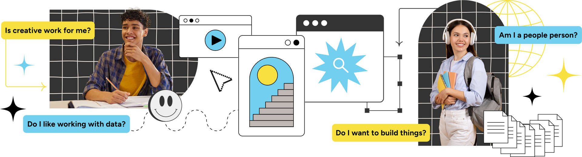 Two people in a browser-style interface with speech bubbles, icons, and colorful infographic elements.
