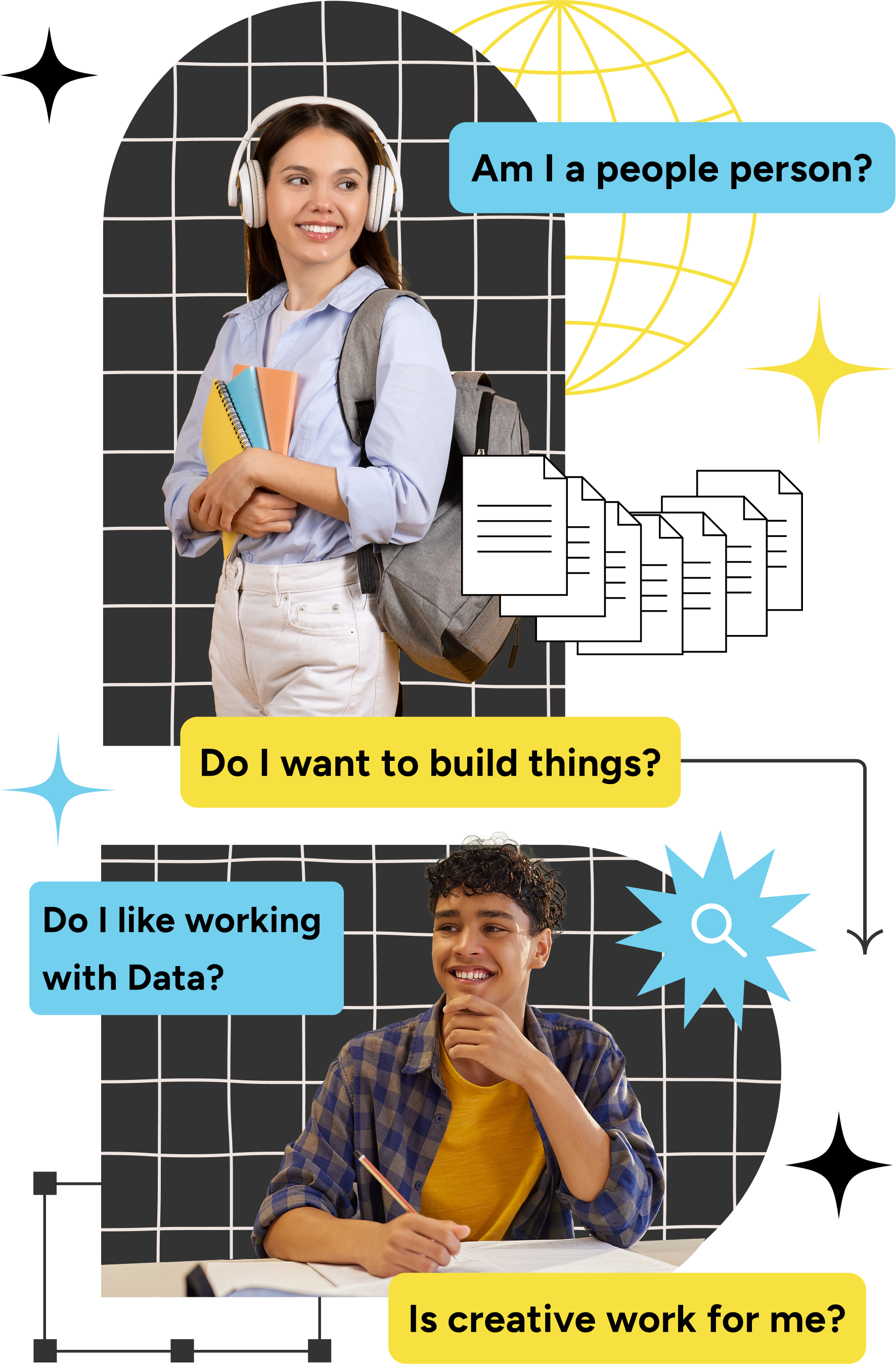 Student holding books on left and thoughtful person on right, with career questions about people, data, and creative work.