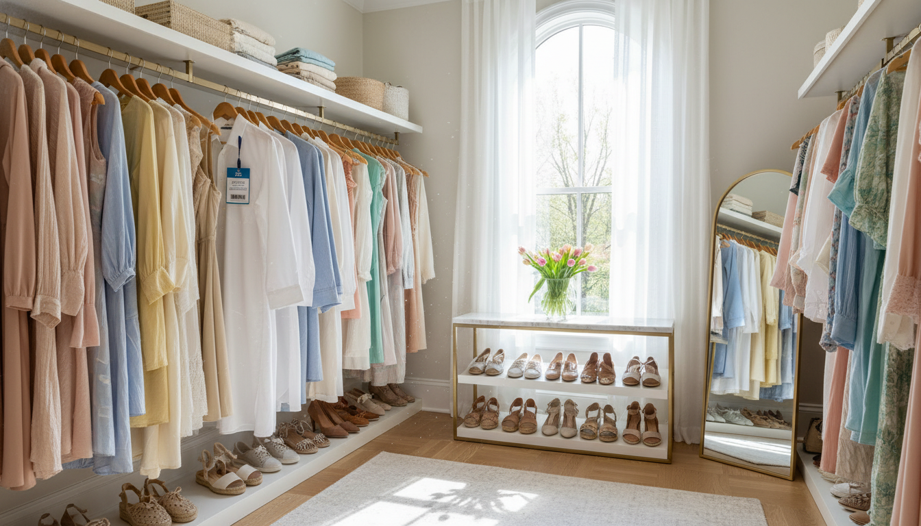 Well-organized spring wardrobe with fresh linen shirts and floral accents.