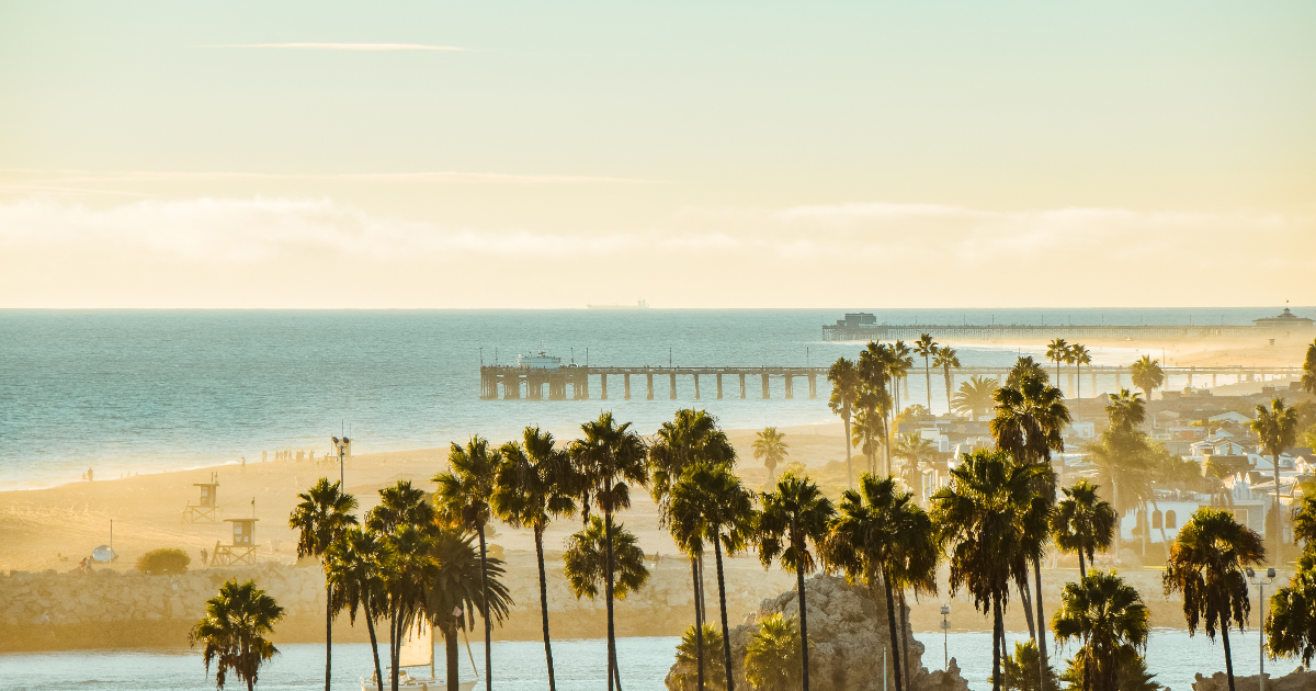Sunlit beach with palm trees, pier, and calm ocean under a hazy sky