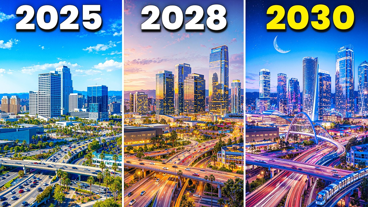 City skyline comparison labeled 2025, 2028, 2030, showing increasing development and nighttime lights.