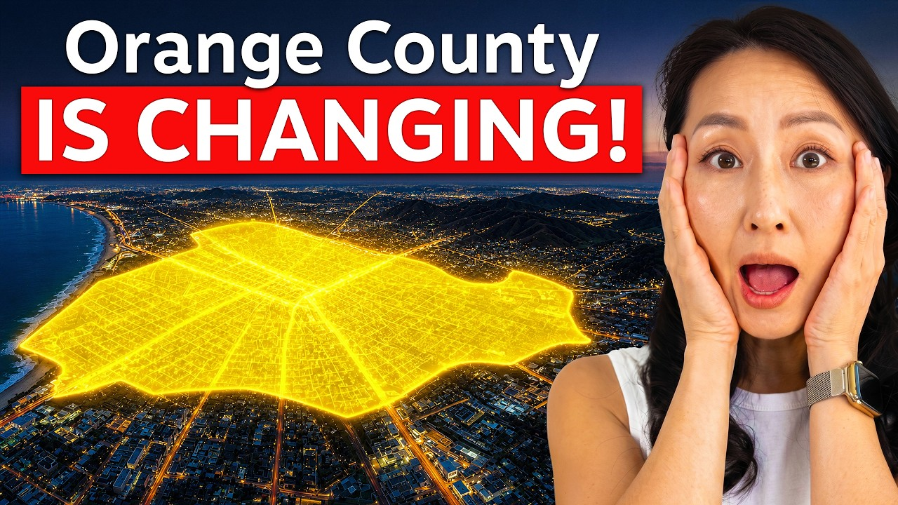 Orange County changing with glowing yellow map and surprised woman beside bold “IS CHANGING!” text