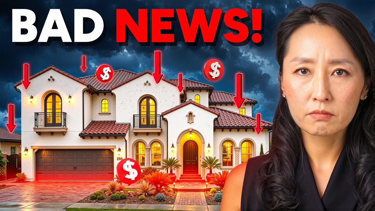 “BAD NEWS!” banner over house with red arrows and dollar signs, next to a serious woman’s portrait
