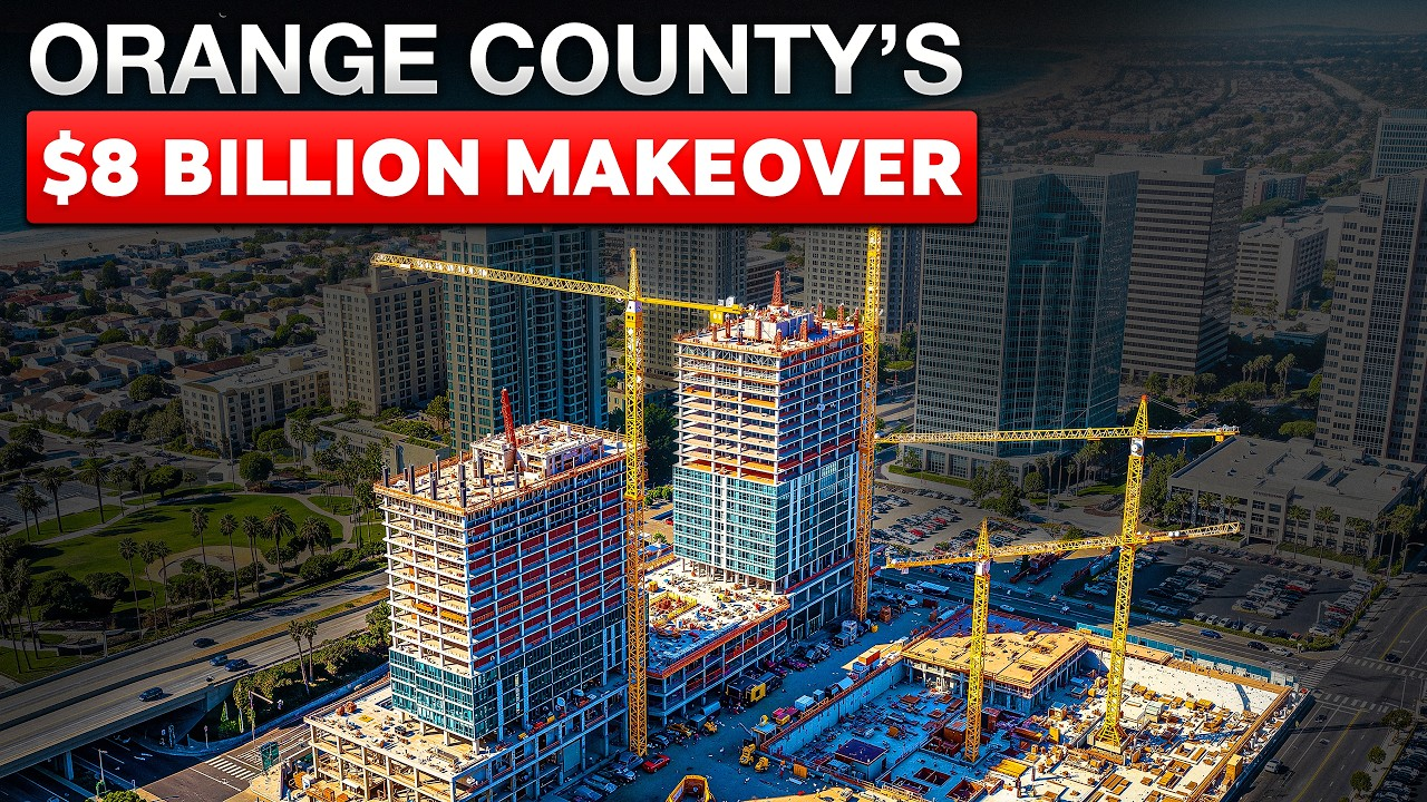 Orange County skyline construction site with cranes and text: “Orange County’s $8 billion makeover”
