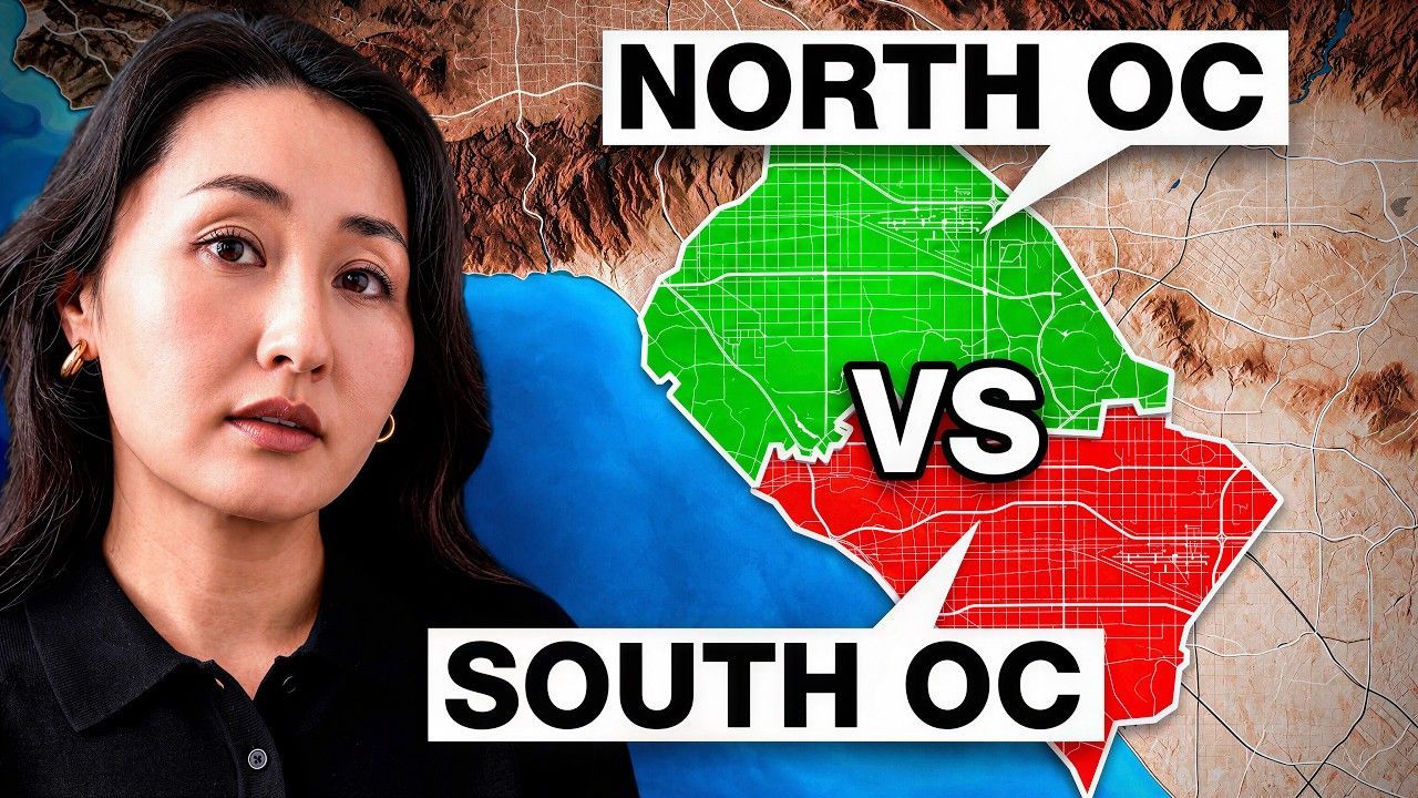 A woman stands in front of a map comparing North Orange County and South Orange County with labels.