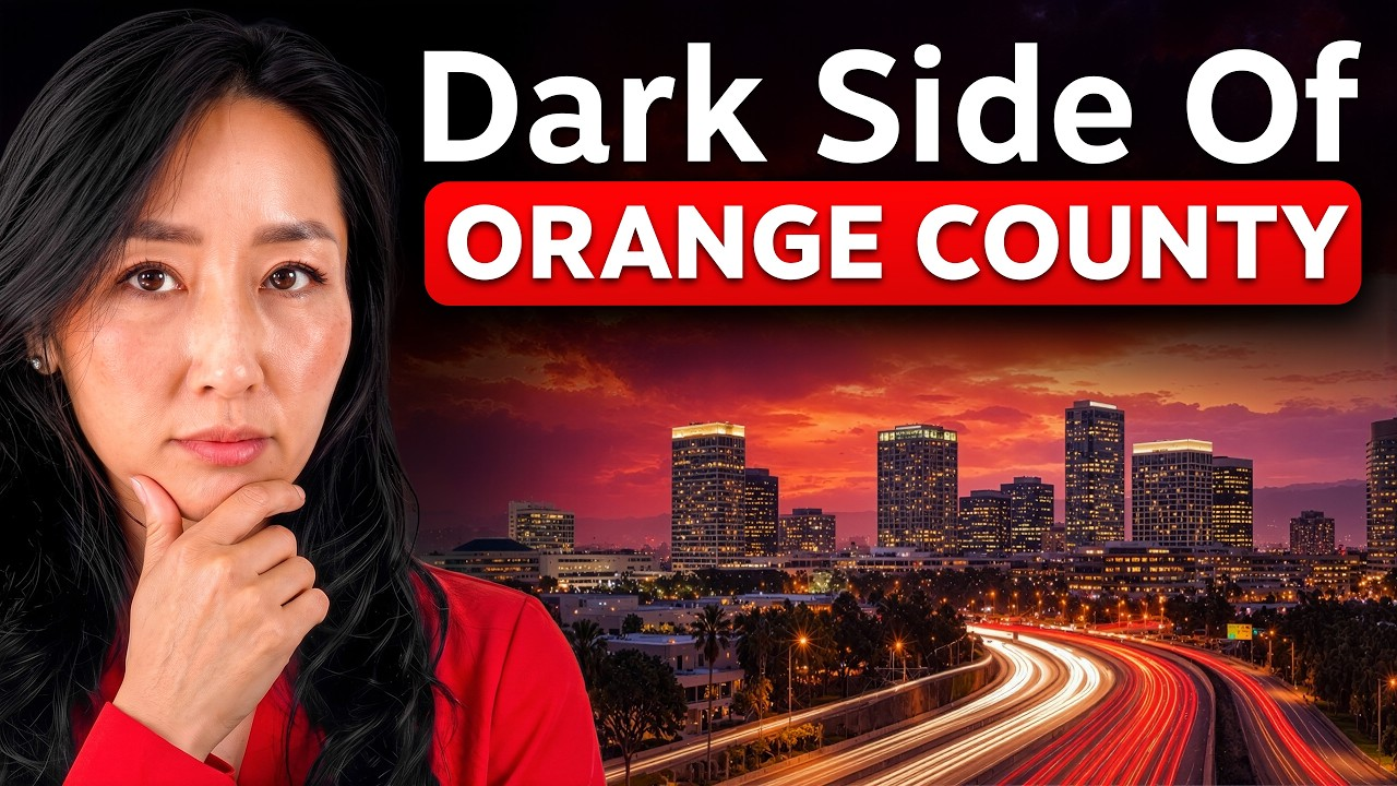 Woman in red beside city skyline at night with headline “Dark Side of Orange County”