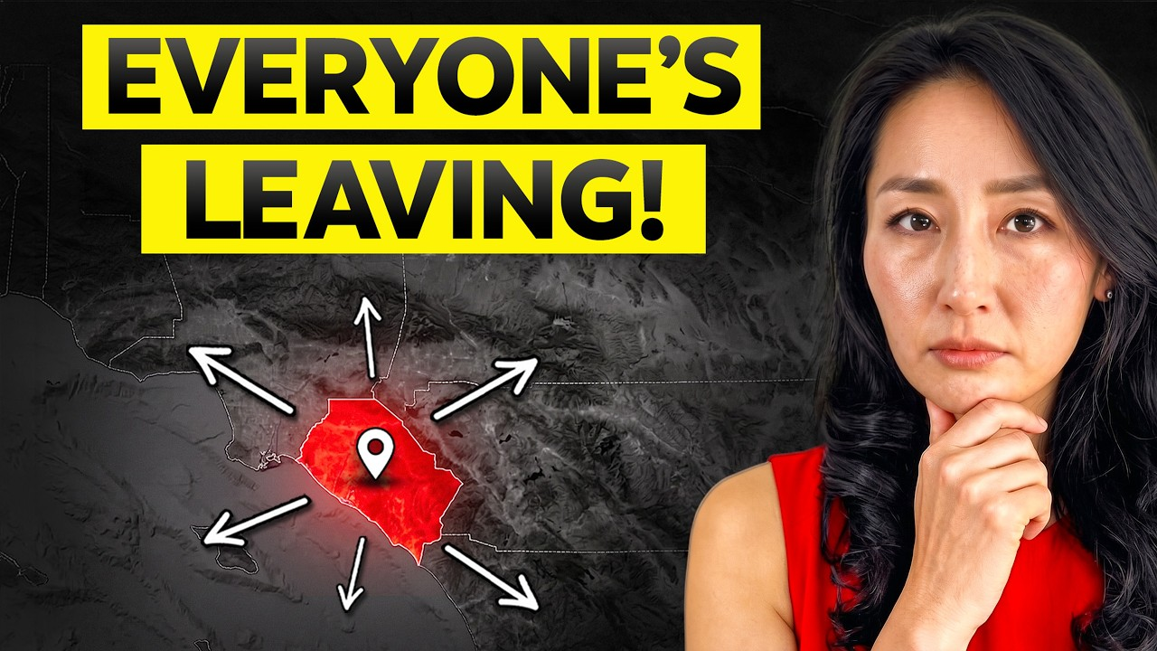Yellow text “EVERYONE’S LEAVING!” above a red map pin with arrows, beside a woman in red on a dark background