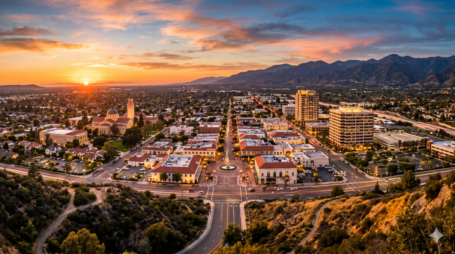 Aerial view of a leafy suburban neighborhood with houses, roads, and distant hills under a clear blue sky
