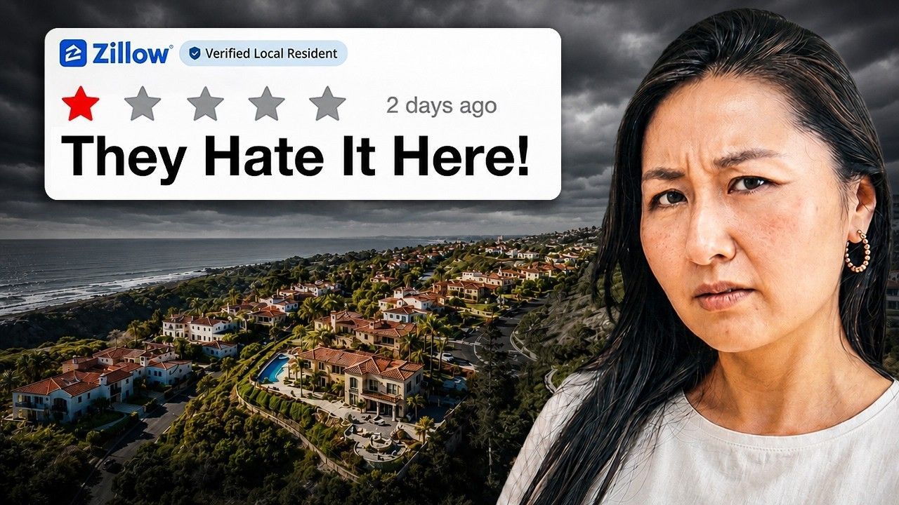 Zillow-style ad with aerial neighborhood and a woman beside bold text: “They Hate It Here!”