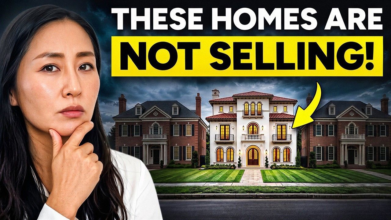 Woman beside “THESE HOMES ARE NOT SELLING!” text over a row of houses, with a yellow arrow pointing to one house