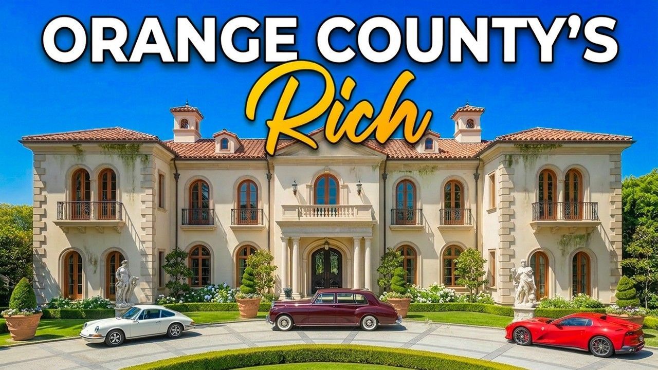 Mansion with luxury cars and text “Orange County’s Rich” overlaid at the top.