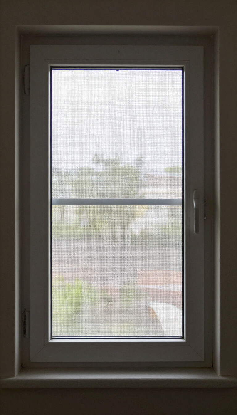 White-framed window with a mesh screen, showing a blurry outdoor view beyond.