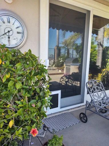 Patio doorway beside a wall clock, potted greenery, and a patterned outdoor chair on a sunny porch