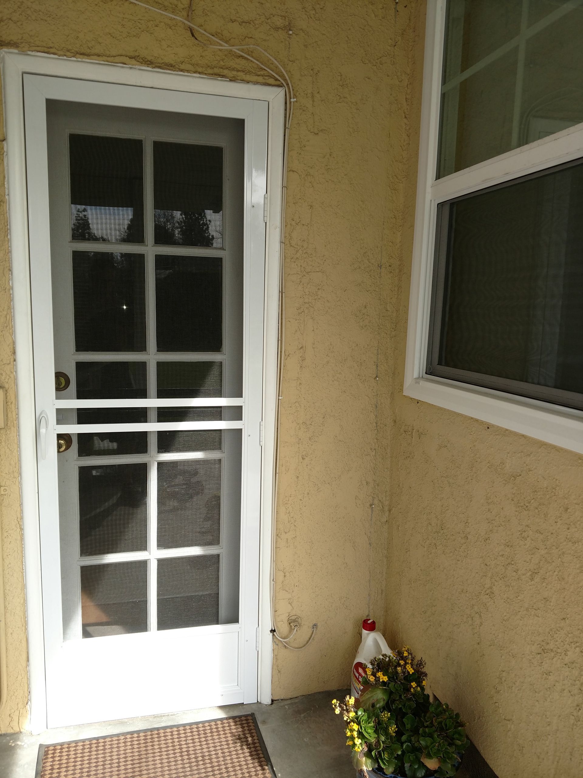 White screen door beside a window on a beige stucco patio wall, with potted flowers below