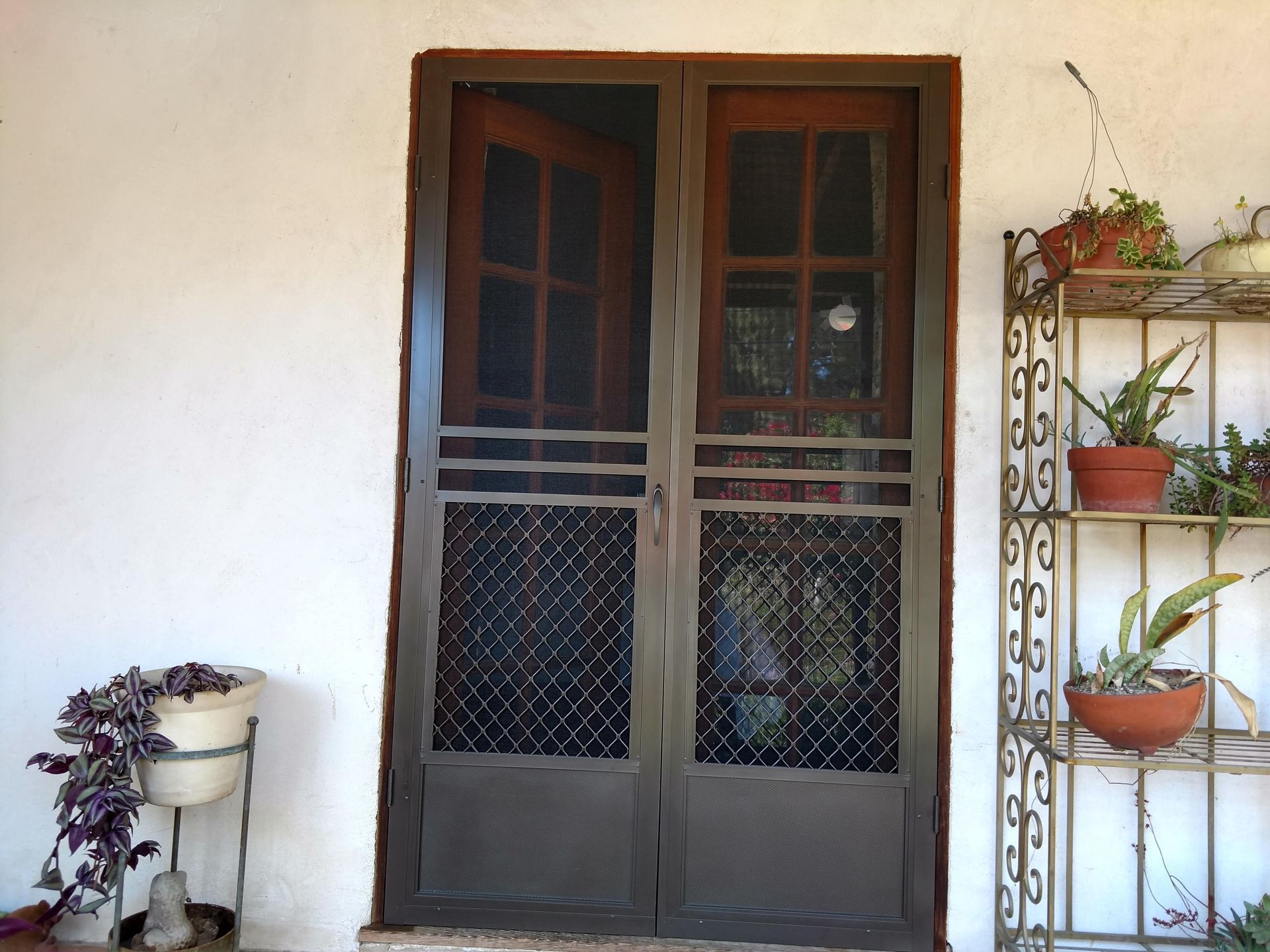 Front door with dark metal screen and white wall, flanked by potted plants and a shelf of flowers