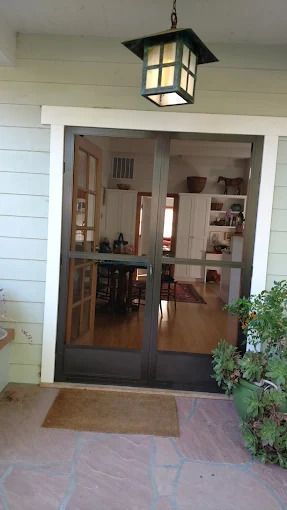 Front entrance with dark double doors, hanging lantern, and potted plants by a doormat